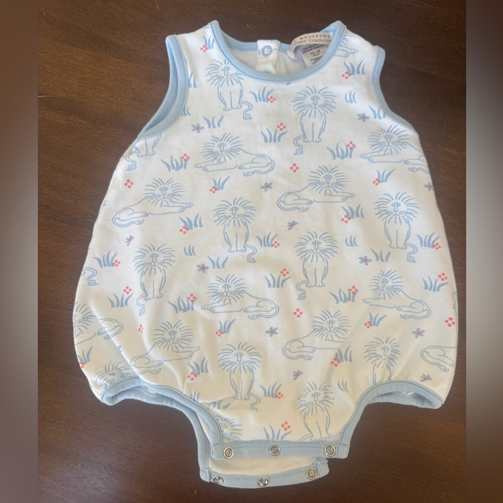 The Beaufort Bonnet Company Blue and White Lion Print Romper